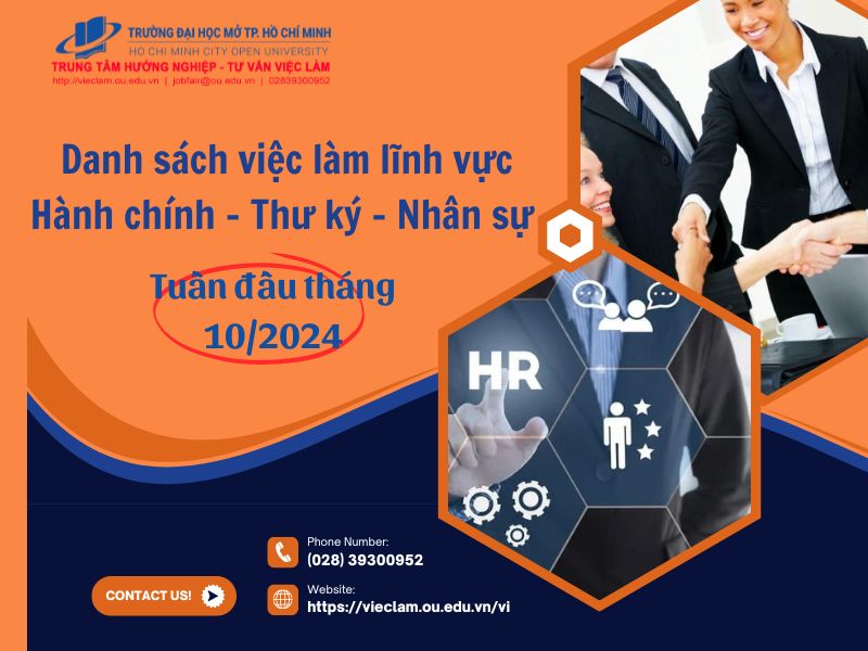 Danh sách việc làm lĩnh vực Hành chính - Thư ký - Nhân sự - Tuần đầu tháng 10/2024