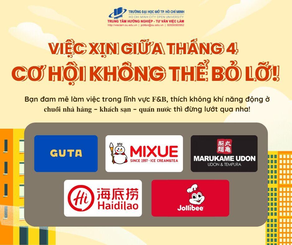 Danh sách việc làm giữa Tháng 4 - Lĩnh vực F&amp;B