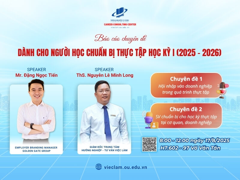 Thông báo tổ chức chuyên đề hướng nghiệp, tư vấn dành cho người học chuẩn bị thực tập tốt nghiệp tại cơ quan, doanh nghiệp (Năm học 2025 - 2026)