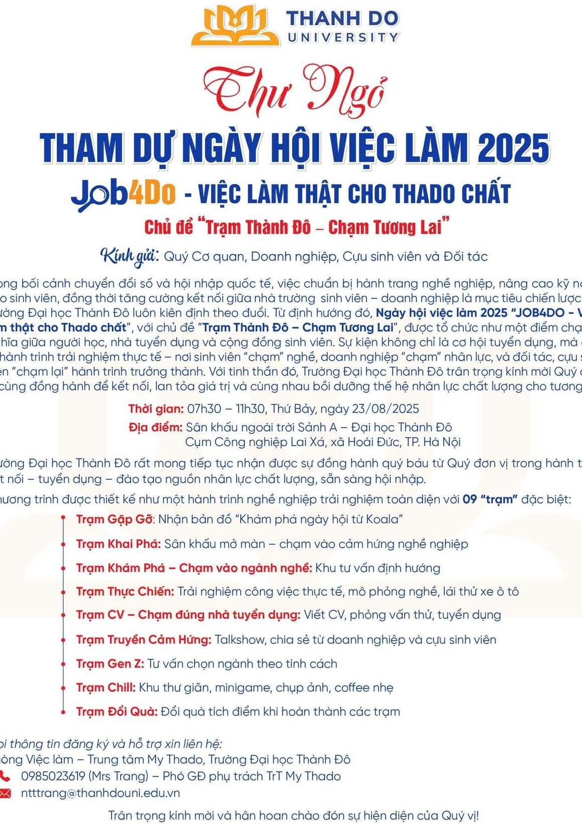 THƯ NGỎ NGÀY HỘI VIỆC LÀM 2025 – JOB4DO: TRẠM THÀNH ĐÔ - CHẠM TƯƠNG LAI